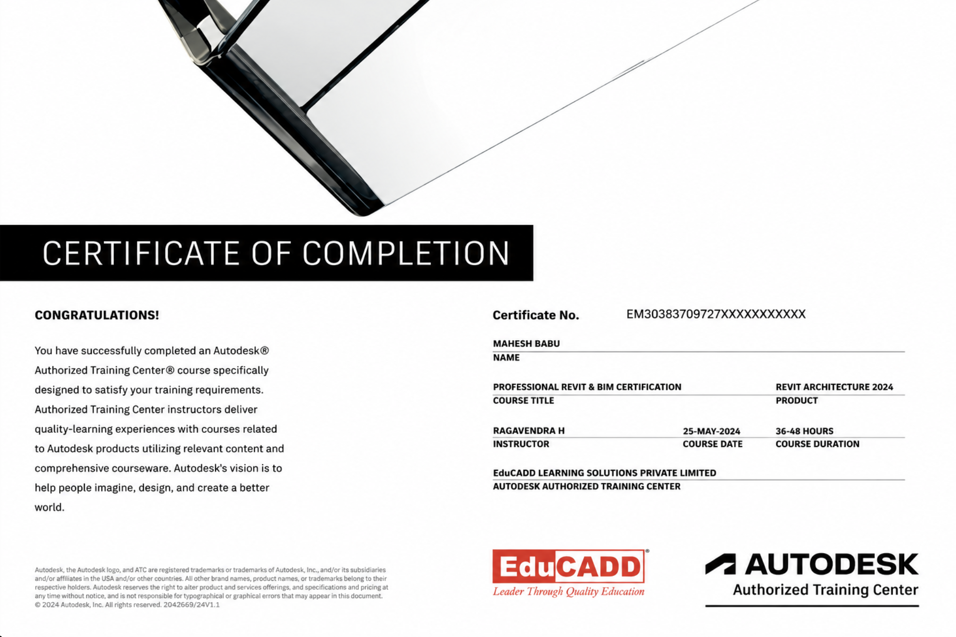 Autodesk Certificate of Completion — Professional Revit & BIM Certification