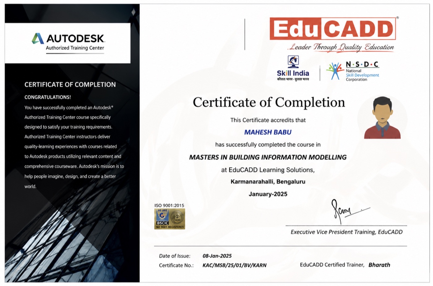 EduCADD Certificate of Completion — Masters in Building Information Modelling