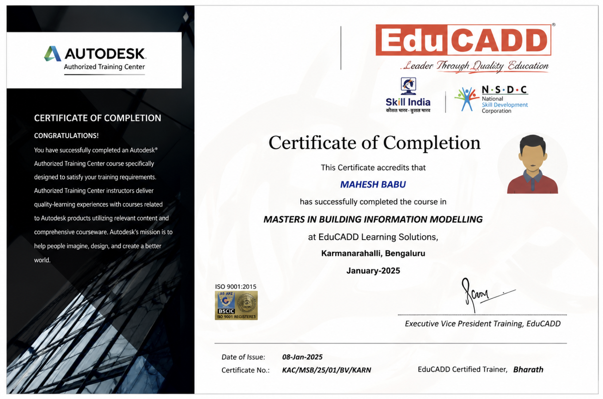 EduCADD Certificate of Completion — Masters in Building Information Modelling